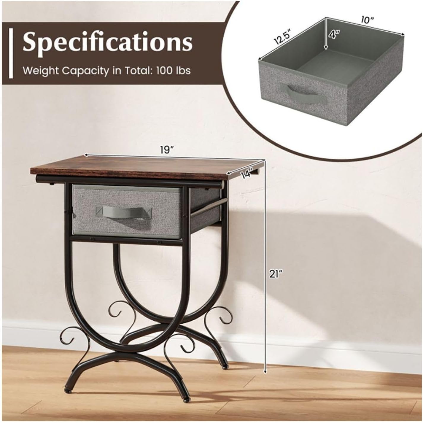 Side Table with Fabric Drawer & Metal Frame - Living Room, Bedroom - Black & Gray - 19" x 14" x 21"