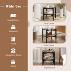 Giantex Rattan Round End Table, Boho Nightstand with Tempered Glass Top & Acacia Wood Legs, 2-Tier Side Table with Storage, Bedside Tables for Small Spaces Living Room Bedroom (Black)