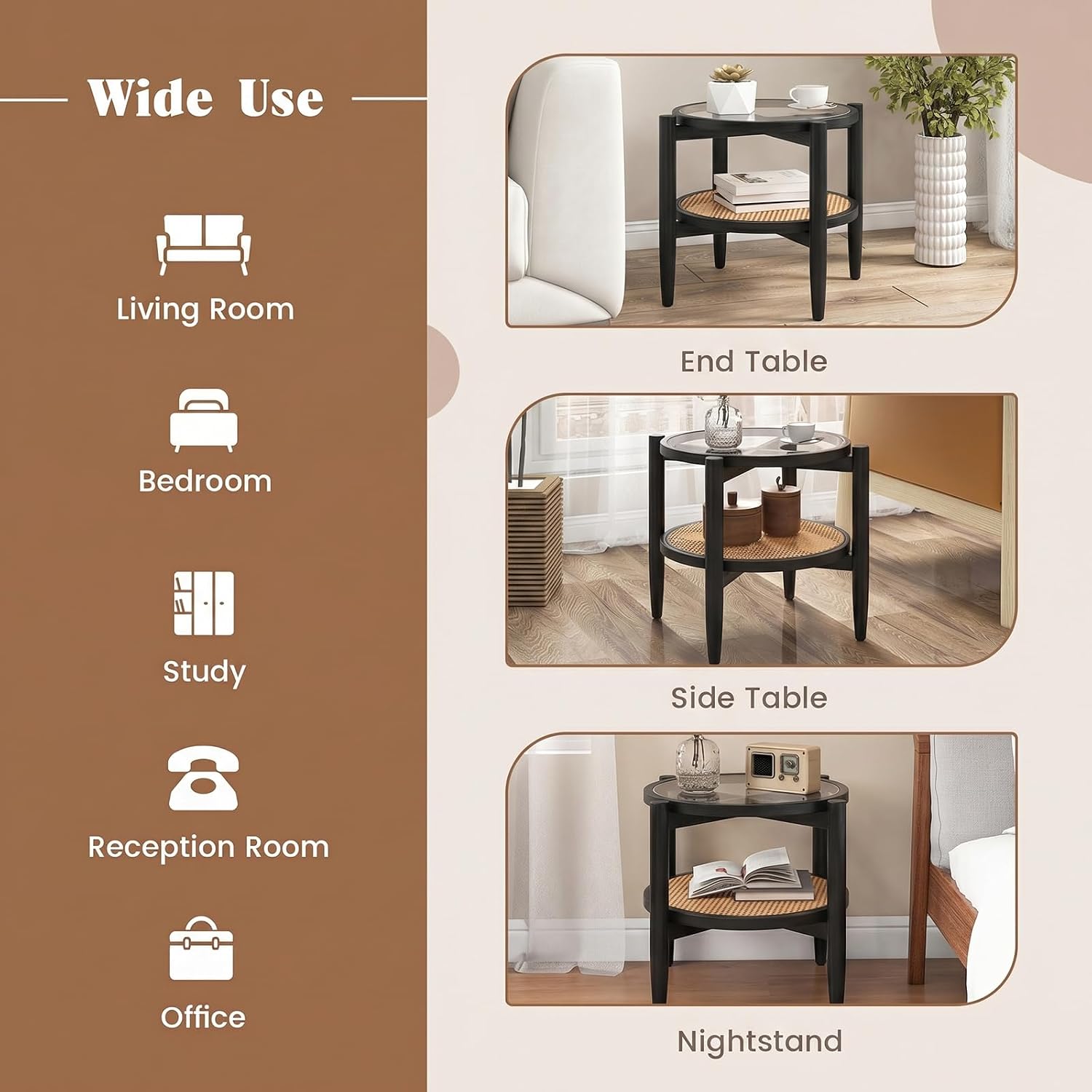 Giantex Rattan Round End Table, Boho Nightstand with Tempered Glass Top & Acacia Wood Legs, 2-Tier Side Table with Storage, Bedside Tables for Small Spaces Living Room Bedroom (Black)