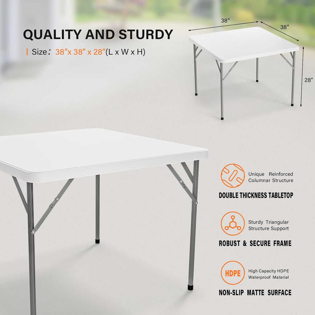 VINGLI White Card Square Table, 38 inch Foldable Legs Full Table Top, Easy to Set up and Store, Folding Portable for Game Puzzles, Gathering, Party, Dining, Indoor, Outdoor, Outside