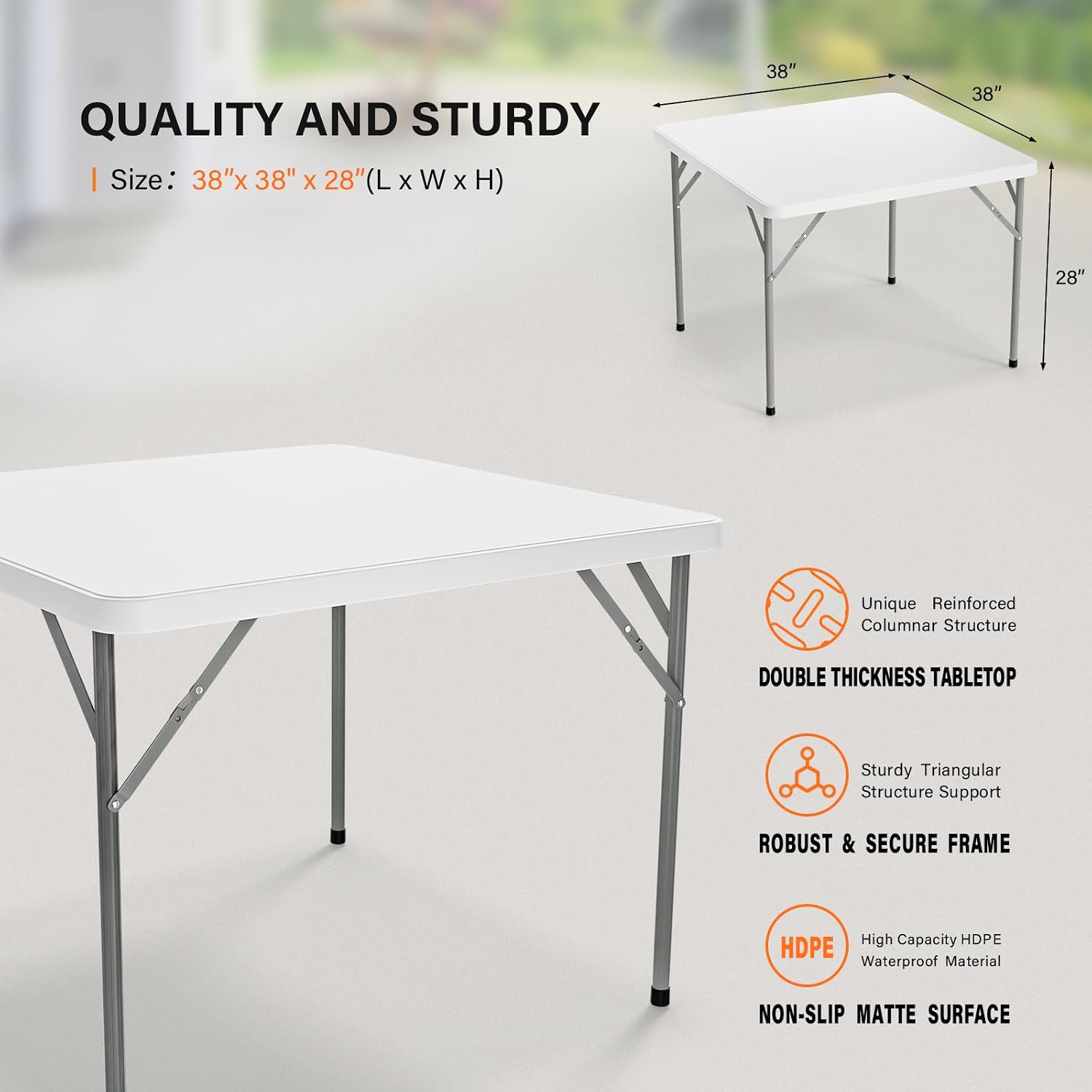 VINGLI White Card Square Table, 38 inch Foldable Legs Full Table Top, Easy to Set up and Store, Folding Portable for Game Puzzles, Gathering, Party, Dining, Indoor, Outdoor, Outside