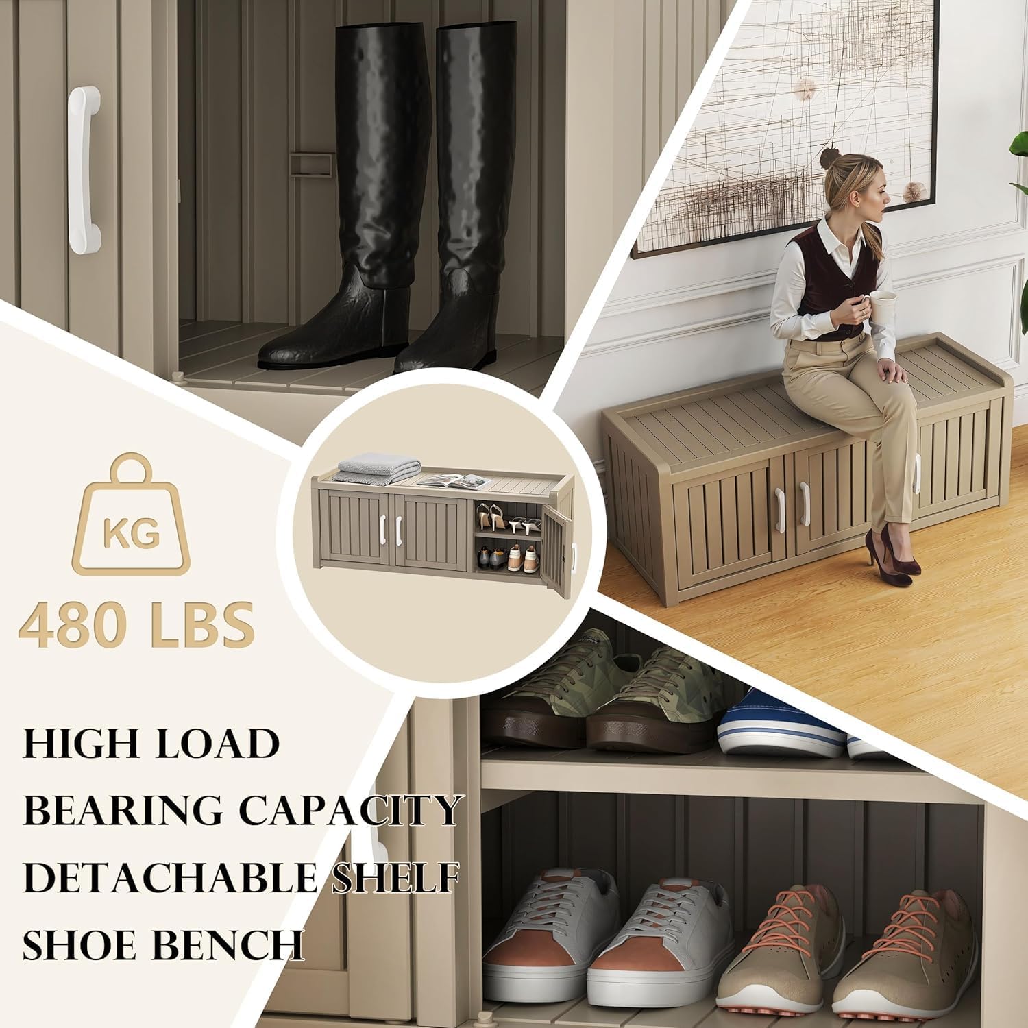 EasyUp Shoe Cabinet, Waterproof Resin Shoe Cabinet,Outdoor Shoes Storage Bench, 2-Tier Hallway Shoes Rack with Adjustable Shelves for Entryway, Living Room, Bedroom(Grey,3 Door)