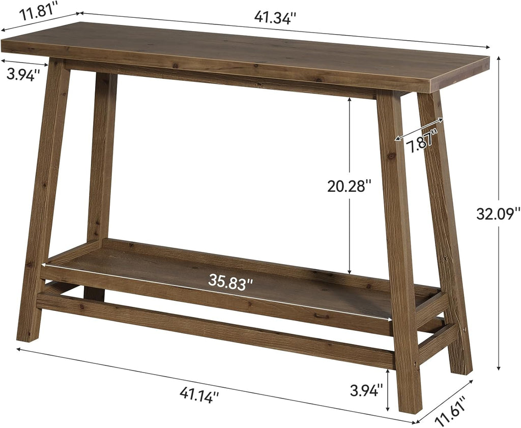 41.3" Farmhouse Console Table, Solid Wood Entryway Table with Storage Shelf, 2 Tiers of Narrow Behind Couch Sofa Furniture for Living Room, Hallway, Foyer, Easy Assembly, Brown