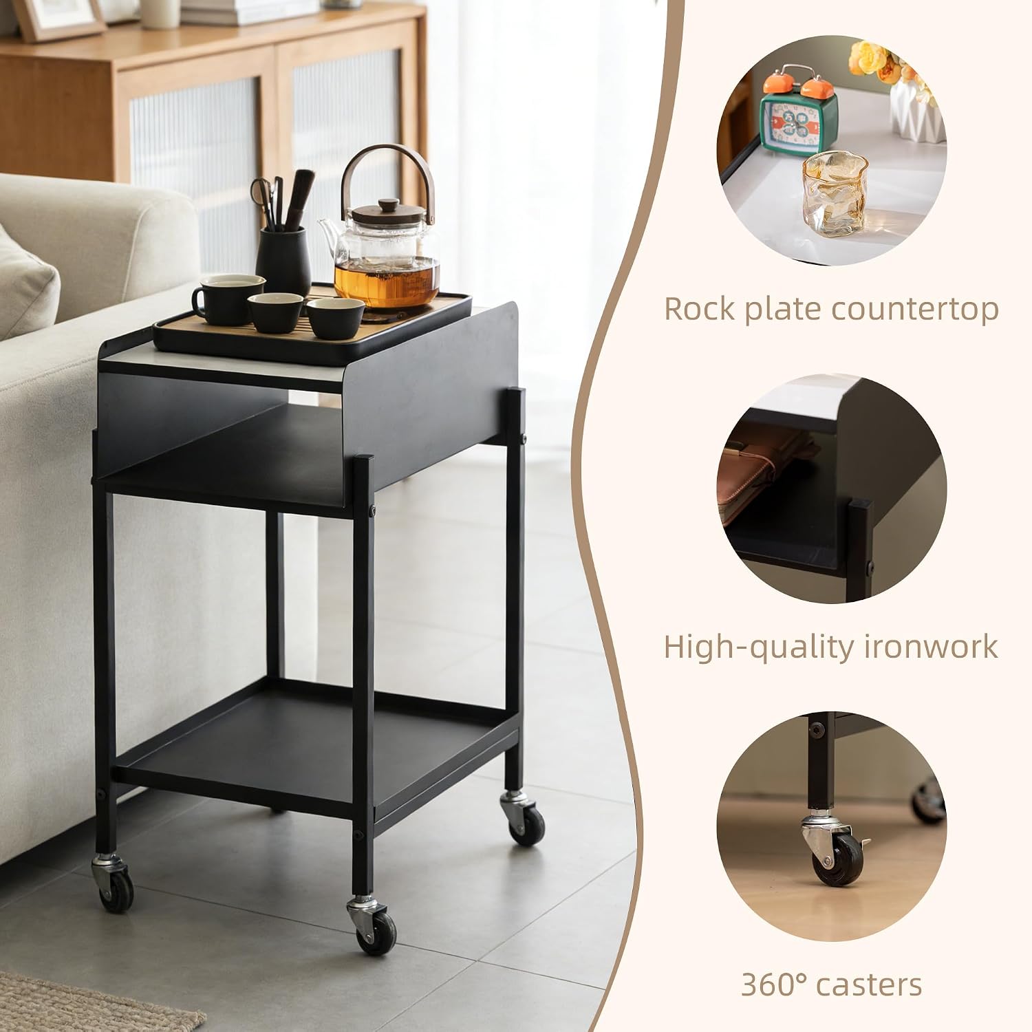 Bedside Table with Wheels Rolling Nightstand 3-Tier Sofa Side Table Modern End Table for Small Space Bedroom Office Living Room Marble Top and Open Shelf Easy Assembly (Black)