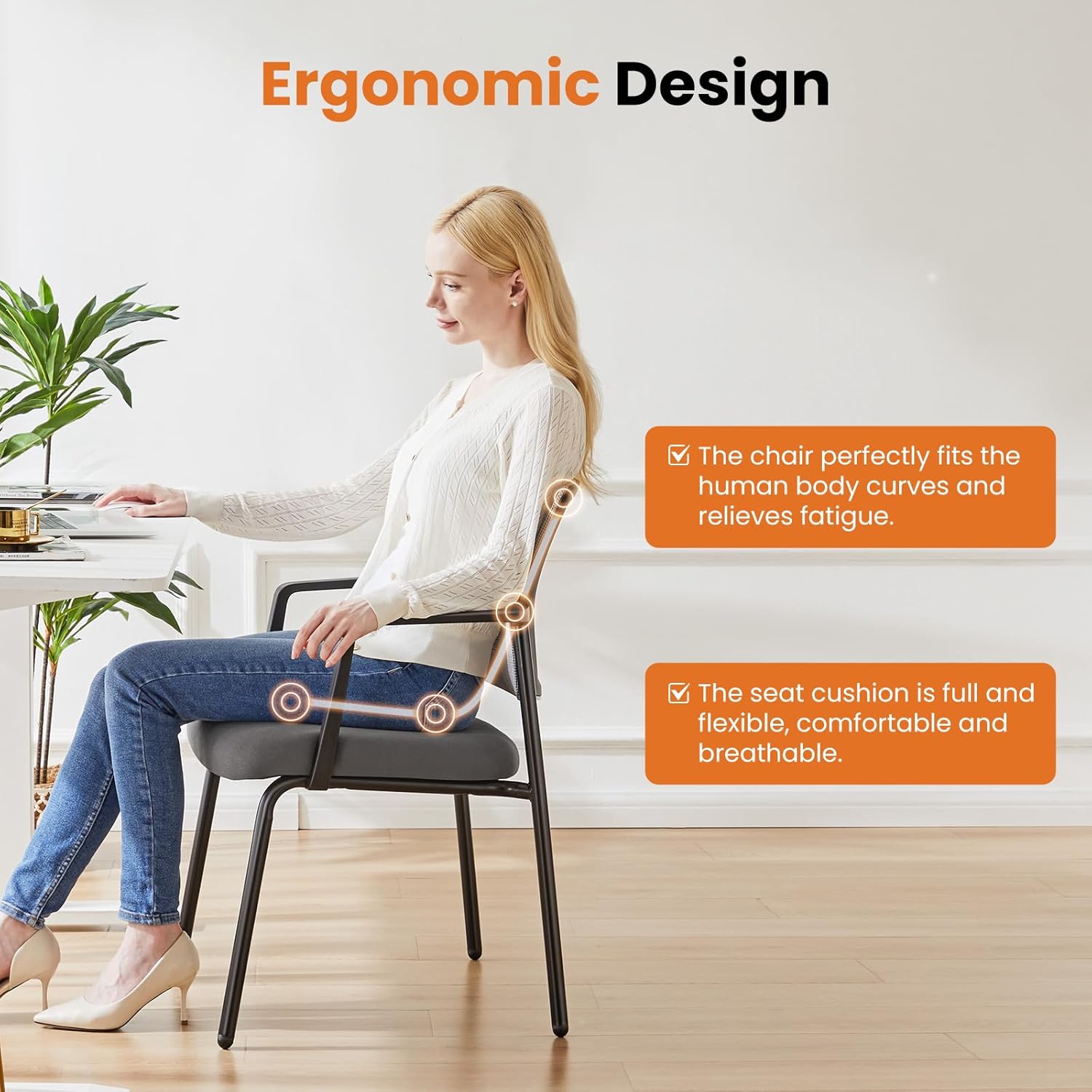 DUMOS Stackable Arm Chairs with Mesh Back and Upholstered Fabric, Easy to Store and Use, Perfect for Indoor and Outdoor Spaces, 1 Chair Grey