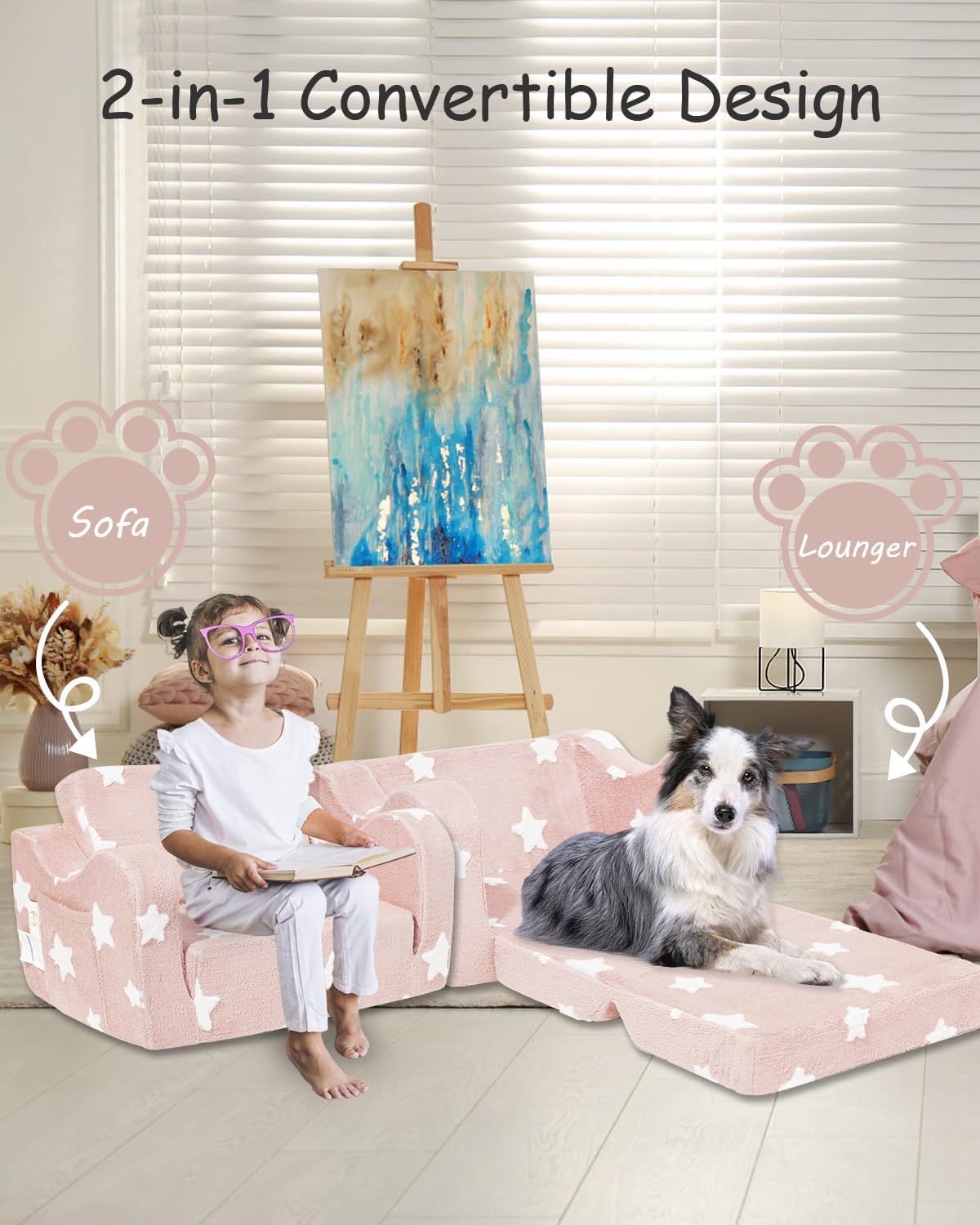 KokoSelene Toddler Couch, Kids Couch for Toddler Fold Out, 2-in-1 Convertible Kid Sofa to Lounger Bed for Girls and Boys, Ideal for Reading Sleeping Gaming Decor (Pink)