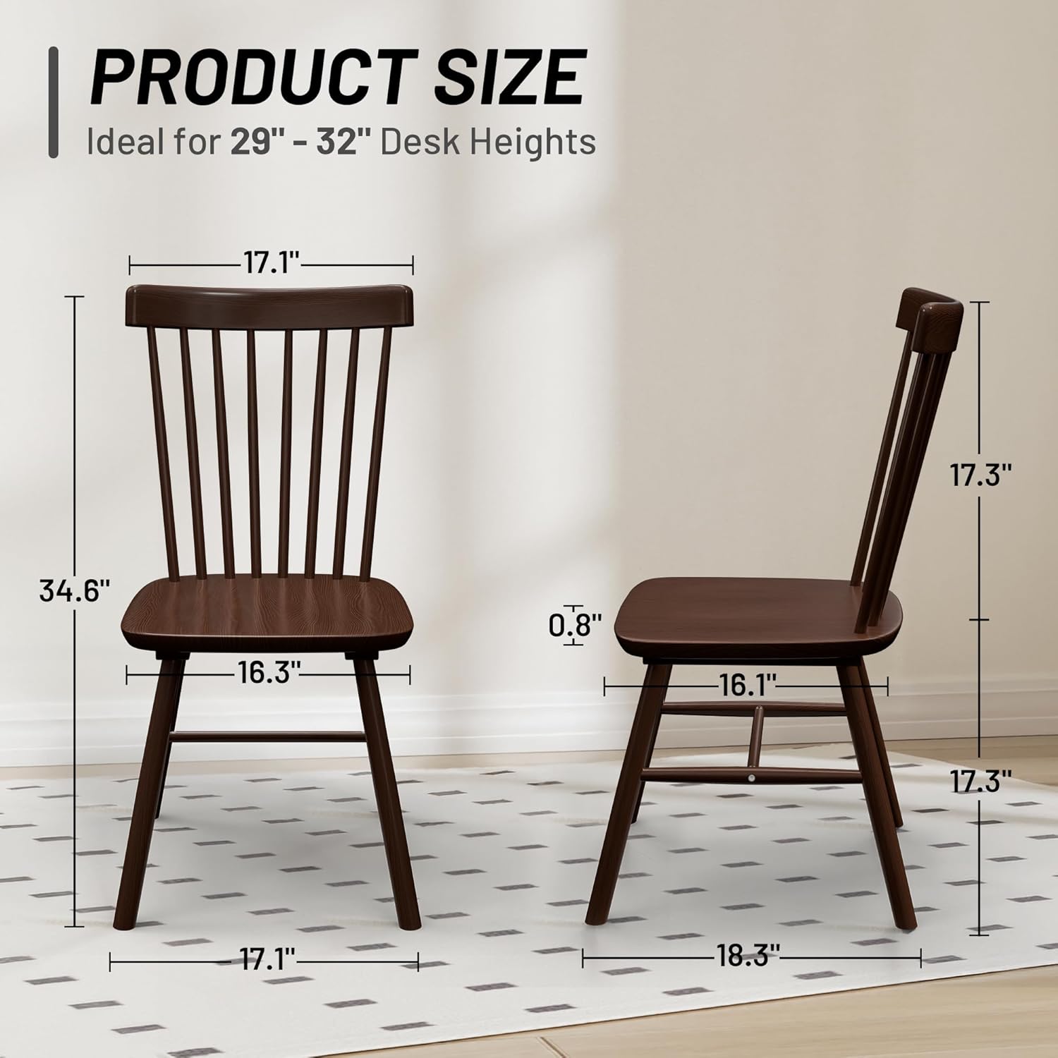 AreShark Windsor Dining Chairs, Farmhouse Wooden Dining Room Chairs, Solid Wood Kitchen Chairs with Spindle Back Set of 4, Brown