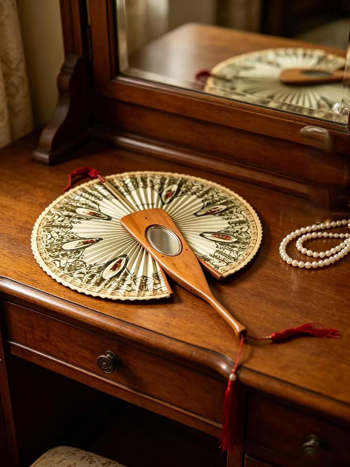 Antique Mirrored Mechanical Folding Fan for Women | Vintage Olive Wood, Swallow Pattern, Lace Trim, Victorian Style, Hidden Mirror