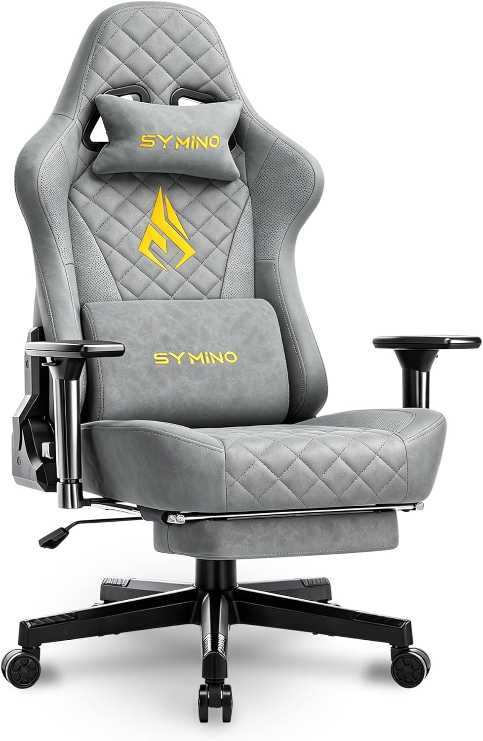 Symino Gaming Chair with Foot Rest, 3D Armrests PU Leather High Back Ergonomic Office Chair, 150° Recline Computer Desk Chair, Diamond Stitching, Grey