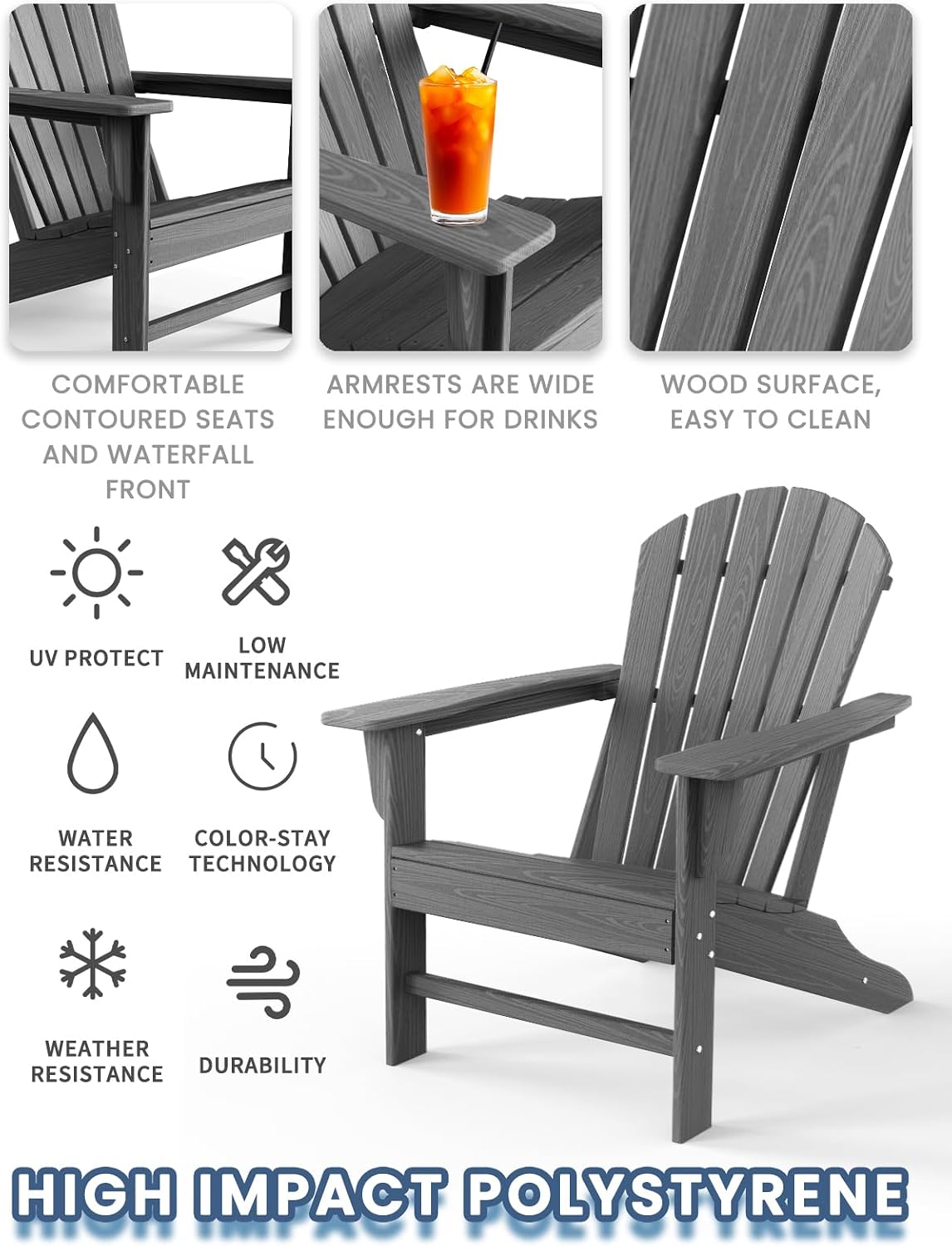 Farmhouse Adirondack Chair Wood Texture, Poly Lumber Patio Chairs, Pre-Assembled Weather Resistant Outdoor Chairs for Pool, Deck, Backyard, Garden, Fire Pit Seating, Slate Gray