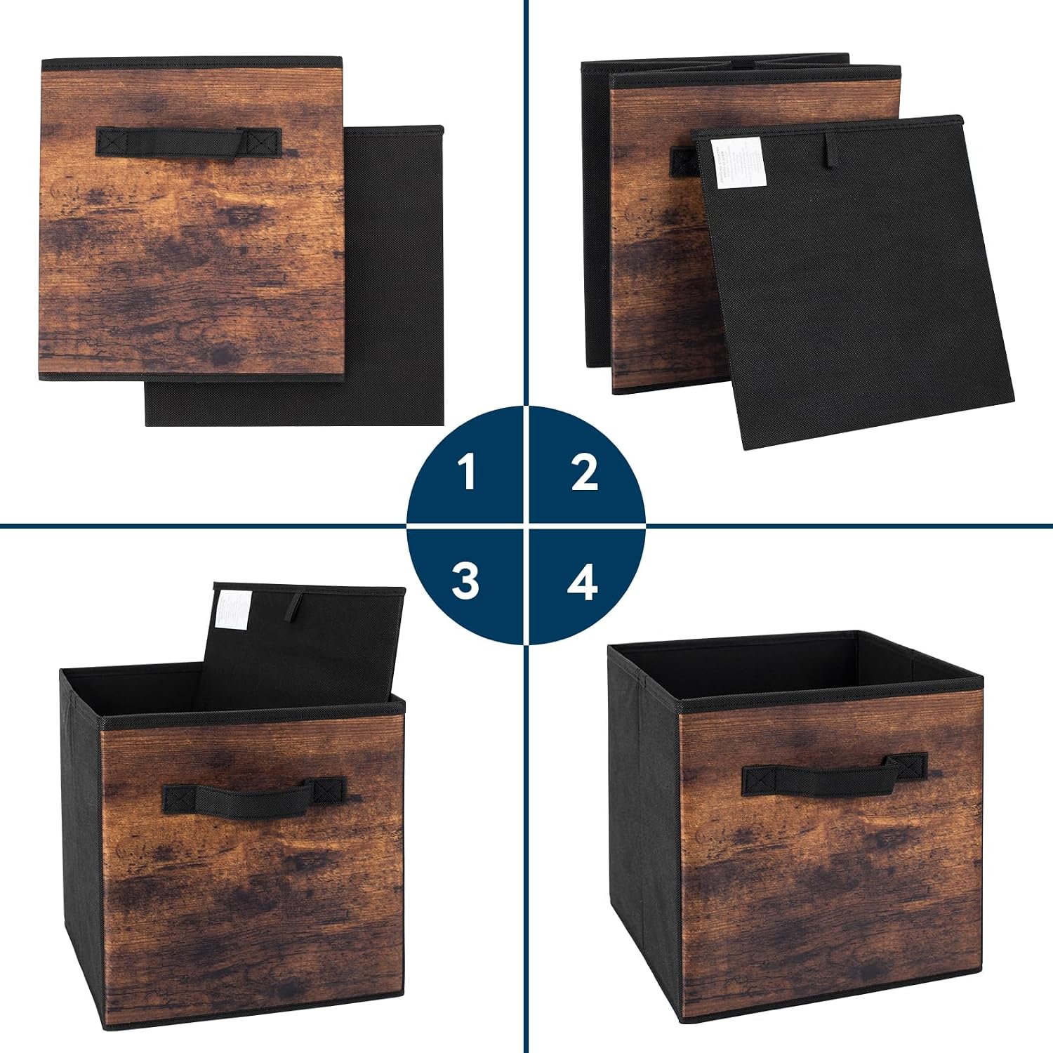 EWES 11 Inch Fabric Storage Cubes, 8 Pack Foldable Storage Bins with Handle, Storage Baskets Box for Shelves, Closet, Organizer, Rustic Brown and Black