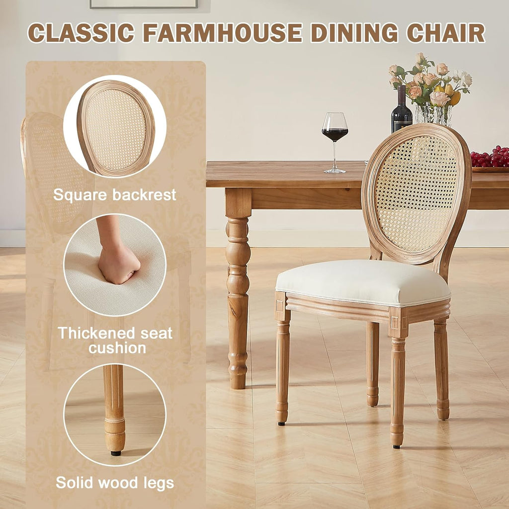 Virabit French Dining Chairs Set of 4, Hand-Woven Rattan Farmhouse Upholstered Dining Chairs with Curved Backrest and Beautifully Carved Solid Wood Frame for Living Room, Kitchen, Restaurant