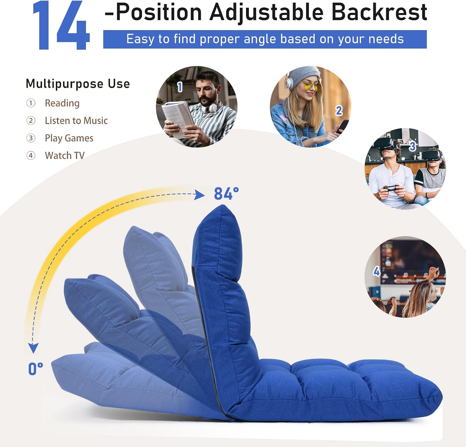 COSTWAY Floor Chair, Folding Gaming Chair with Back Support, 14 Adjustable Positions, Alloy Steel Frame, Lazy Sofa Lounge for Playing Reading Meditating Room Recliner for Adults, Kids (Blue)