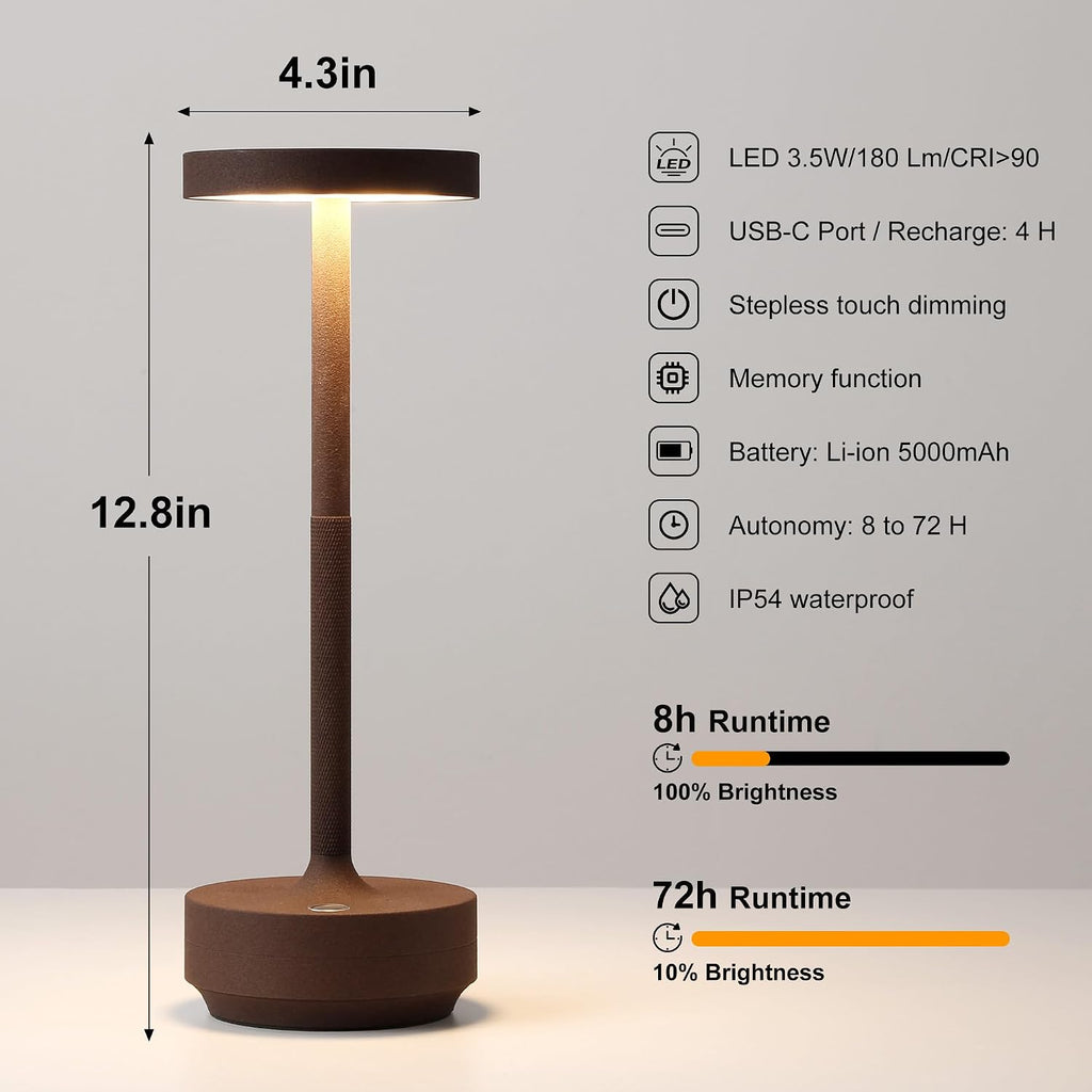 SAKRINGT 2 Pack Rechargeable Cordless Table Lamp - Battery Operated LED Portable Table Light with 3 Color Stepless Dimming, Memory Function - IP54 Waterproof for Outdoor, Restaurant, Patio, Camping