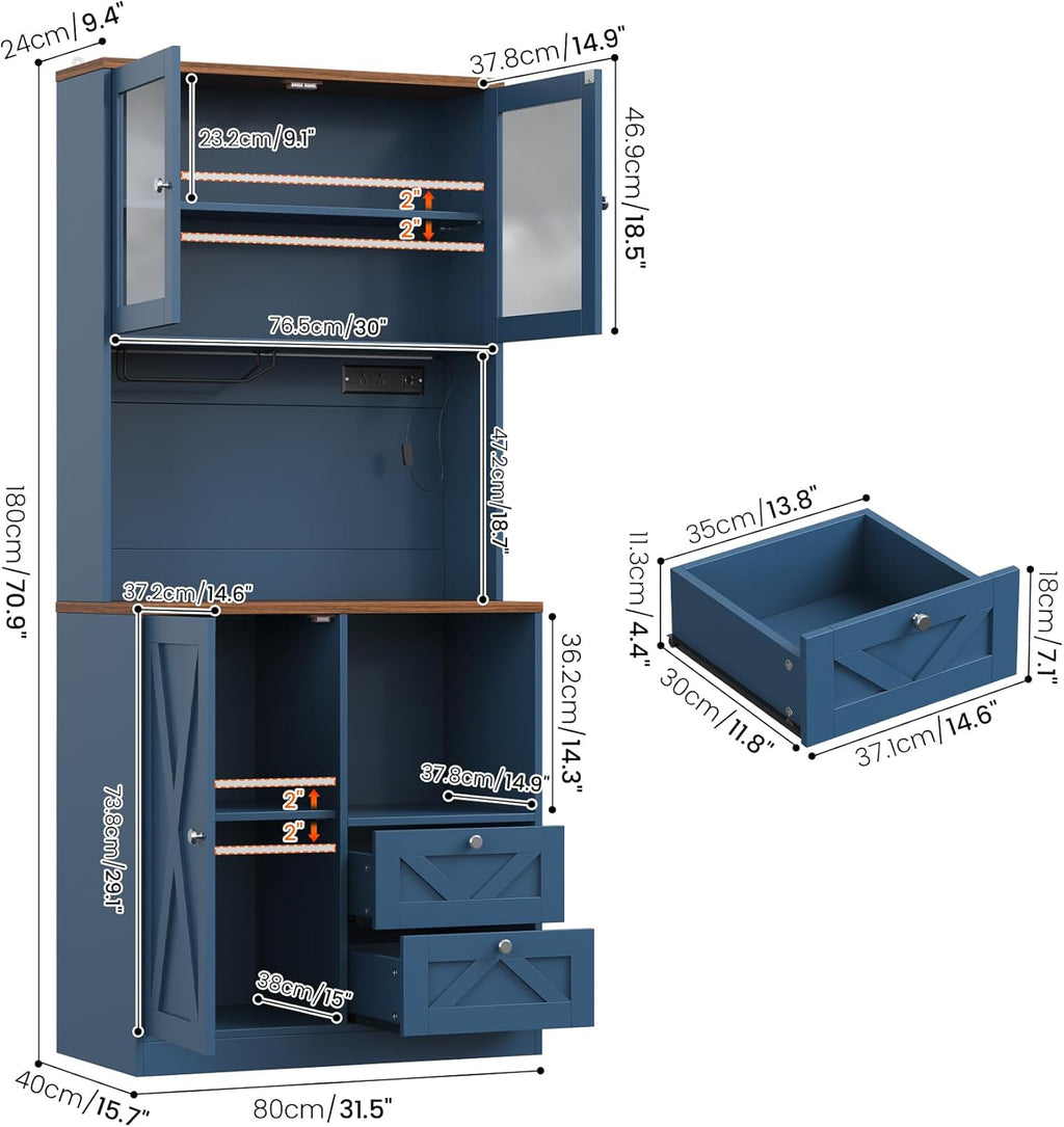 71" Tall Coffee Bar Cabinet with Storage Hutch, Farmhouse Kitchen Pantry Cabinet with LED Lights Microwave Stand and Glass Holder for Home Dining Room Kitchen (Blue)