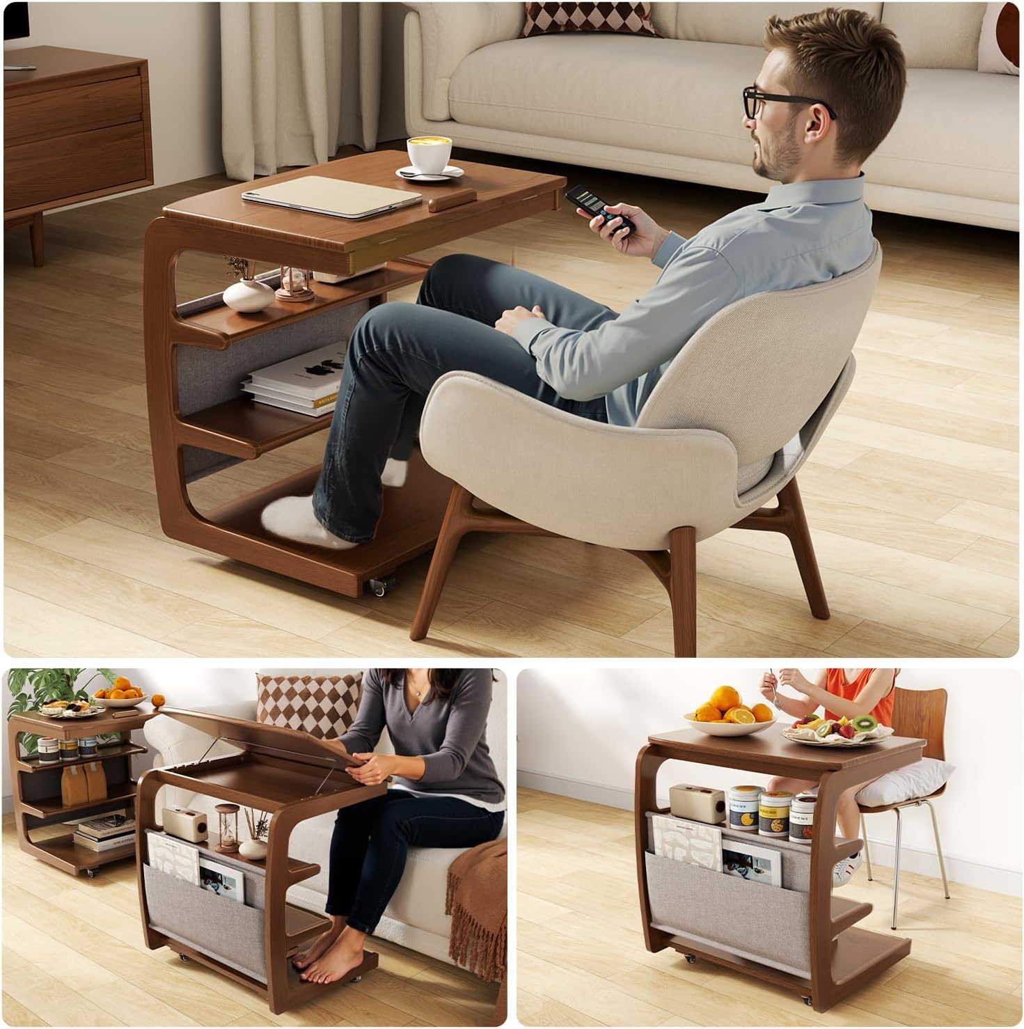 AQIMUELE Rolling Side Table, C Shaped End Table, C Table with 4 Wheels Solid Wood Small Rolling Desk with Adjustable Desktop,C Shaped End Table for Couch,Home Office(15.6" D x 23.6" W x 24.3" H)