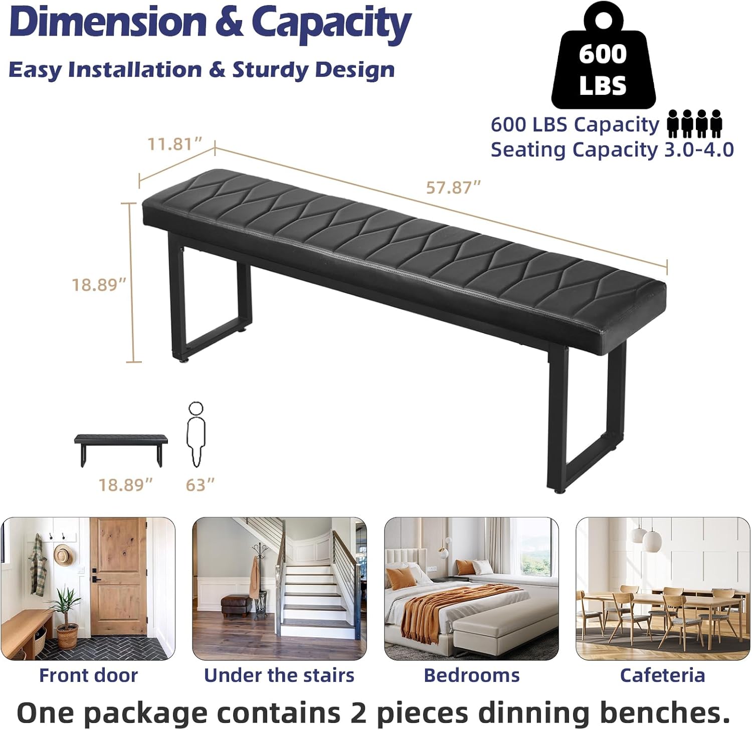 STHOUYN 58” Padded Dining Table Bench Pair of 2 for 6-8 Person, Faux Leather Indoor Cushioned Extra Long Bench for Dining Room Table, Bedside Shoe Entryway Benches (Black, 58")