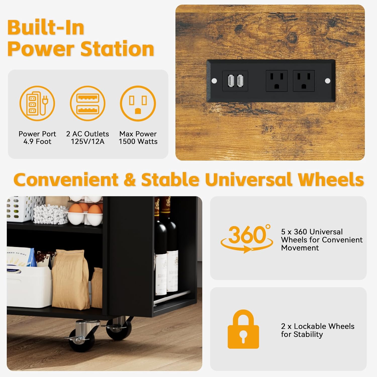 50.4" Kitchen Island with Storage,Rolling Kitchen Table with Power Outlet, Kitchen Island Cart with Folding Drop Leaf, Trash Storage Cabinet, Spice Rack, Towel Rack and Drawer-Black