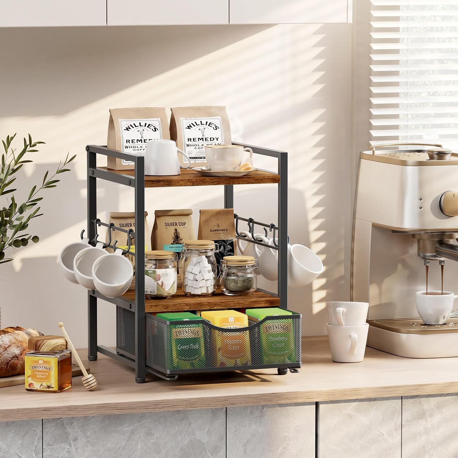 Plaviya 3-Tier Tea Bag Organizer with Drawer for Countertop | Tea Bag Holder and Storage, 9 Compartments, 6 Hooks for Cup, Utility Tea Box, Office, Kitchen, Rustic Brown