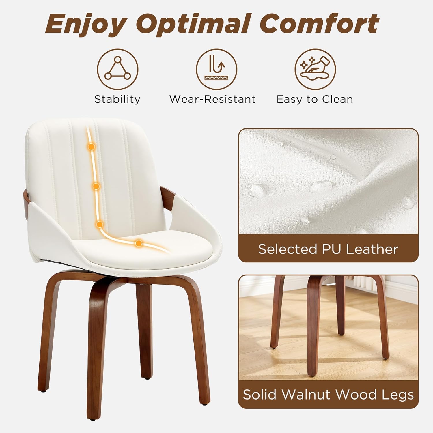Swivel Dining Chairs, Mid Century Modern Faux Leather Dining Room Chairs with Arms, Upholstered Kitchen Vanity Accent Chair, Walnut Backrest Support & Sturdy Wood Legs (White, Set of 6)