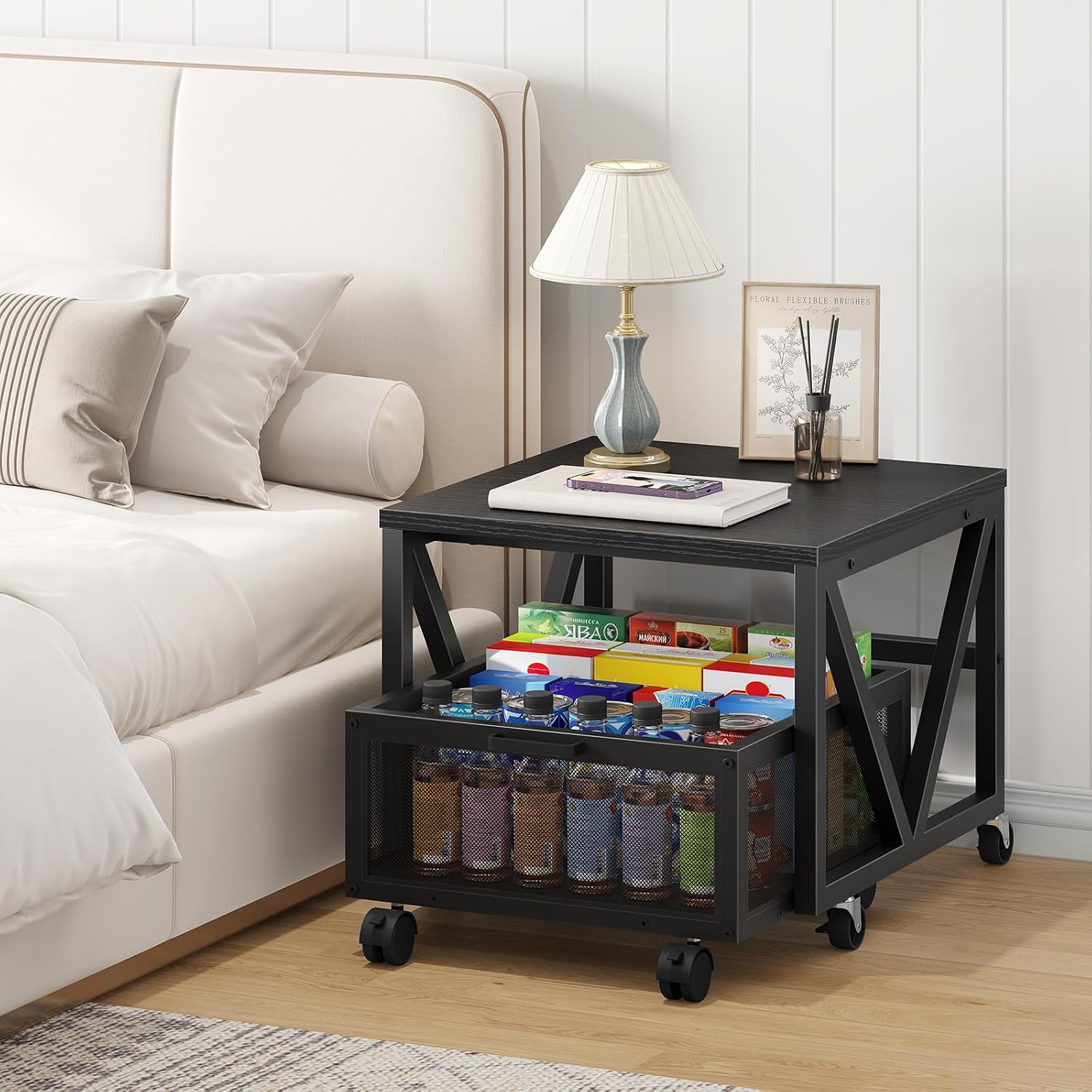 HOOBRO Mini Fridge Stand with Movable Storage Basket, Mini Fridge Cabinet with Wheels, Sturdy Metal Frame, for Home, Office, Dorm, Black BB255TL01
