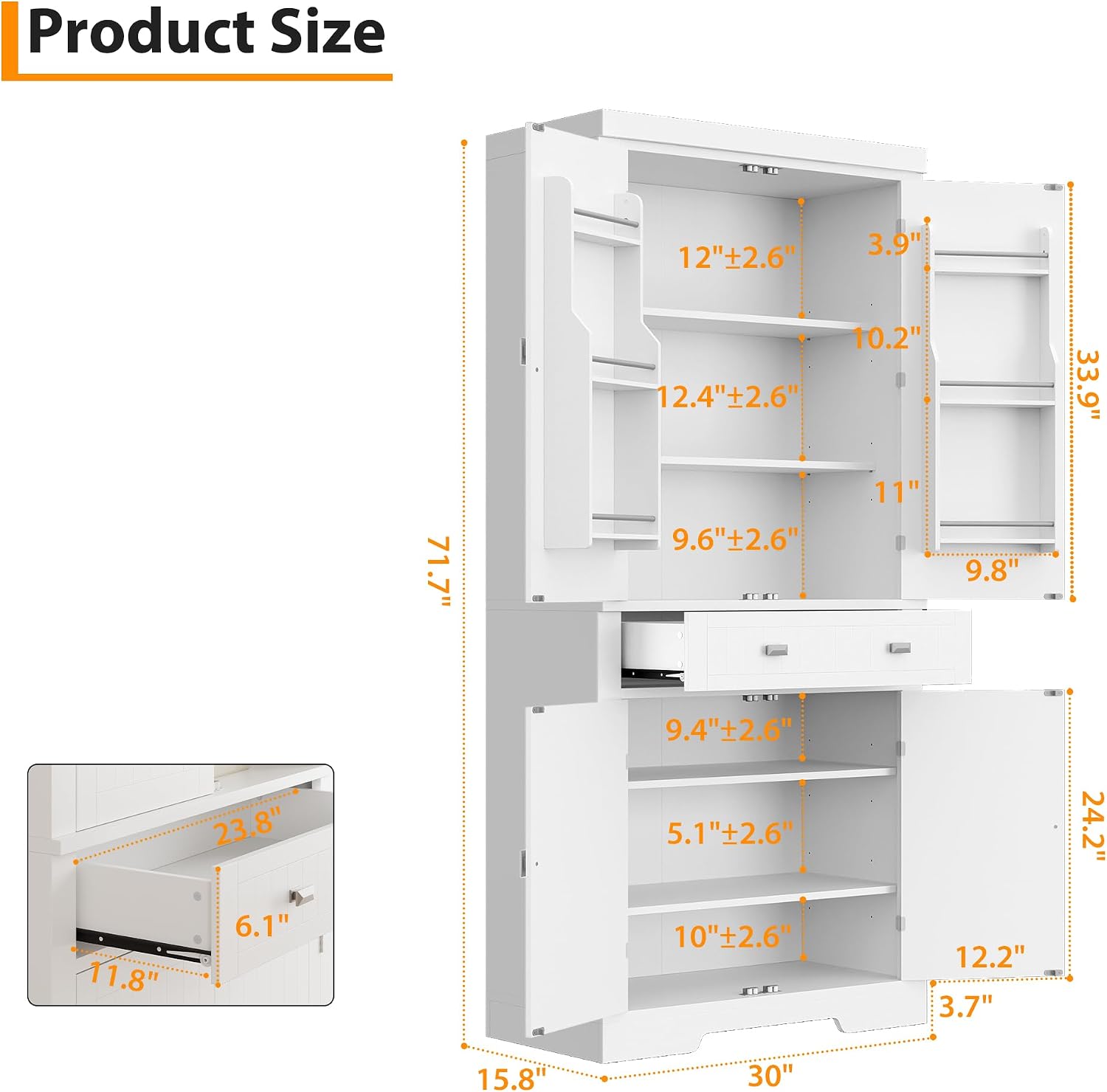 GAOMON 72in Tall Kitchen Pantry Cabinet, Farmhouse Large Cupboard Storage Cabinet with Adjustable Shelves 6 Door Racks for Living Dining Room Laundry,White