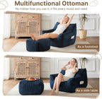 Oversized Bean Bag Chair with Ottoman, Bean Bag Couch with 2 Side Pockets, Corduroy Boneless Couch Chair in a Box, Comfy Lounge Chair for Living Room, Bedroom, Dorm, Blue