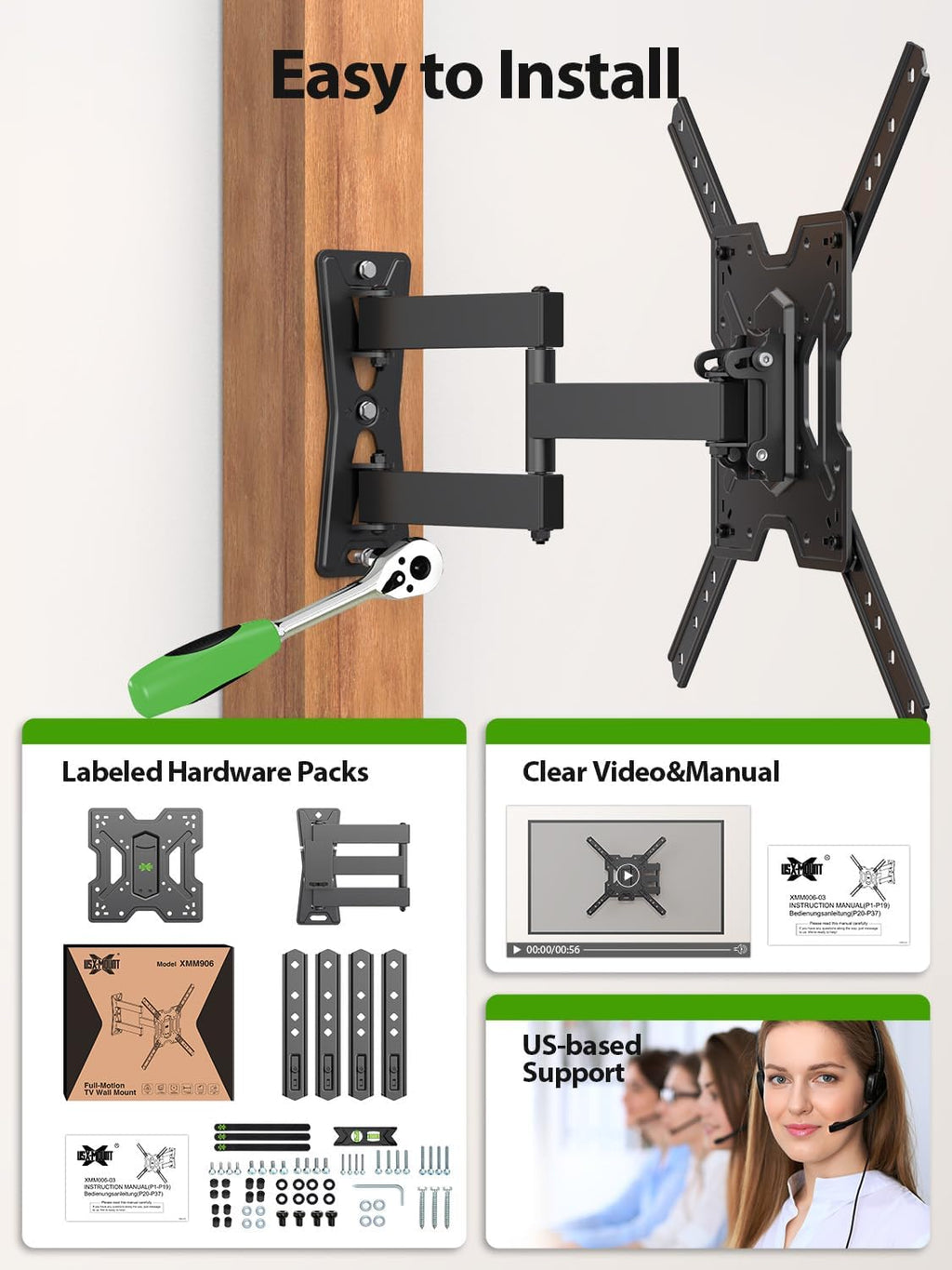 USX MOUNT UL Listed Full Motion TV Mount, Swivel Articulating Tilt TV Wall Mount for 26-65 Inch LED, 4K, Wall Mount Bracket with VESA 400x400mm Up to 77lbs, Perfect Center Design -XMM006-1