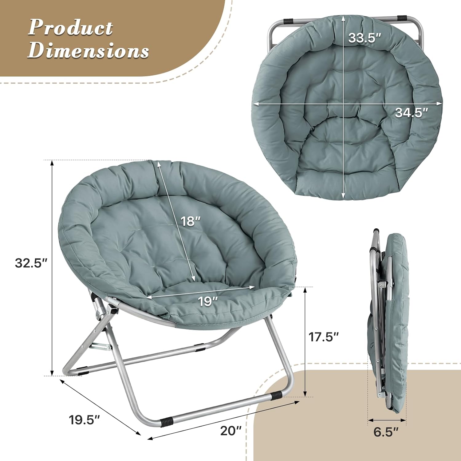 Athena Collection Comfy Saucer Chair, Folding Oversized Cozy Chair for Bedroom Living Room Fabric Reading Chair, Foldable Metal Frame Round Moon Chair for Adult Set of 2, Teal