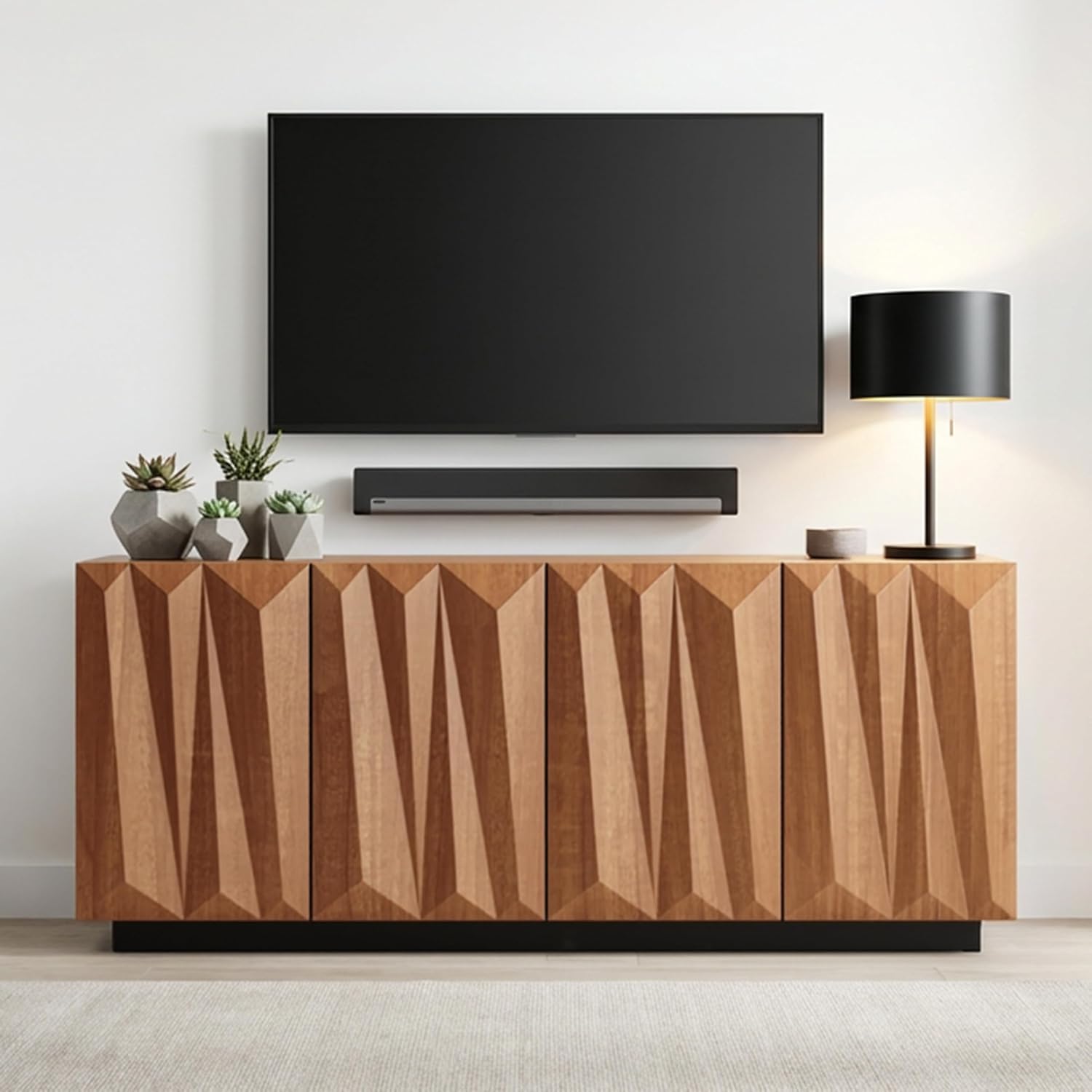 60" Contemporary Geometric Sideboard Buffet with 3D Triangular Doors & Floating Base, Light Walnut Credenza Storage Cabinet for Living Room Kitchen Entryway