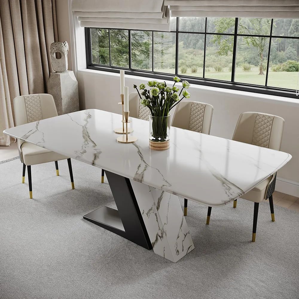 POVISON 71" Luxury Modern Dining Table for 6, Sintered Stone Dining Table Top with Z-Shaped Stainless Steel Pedestal, Rectangle Dining Room Table (Table Only)