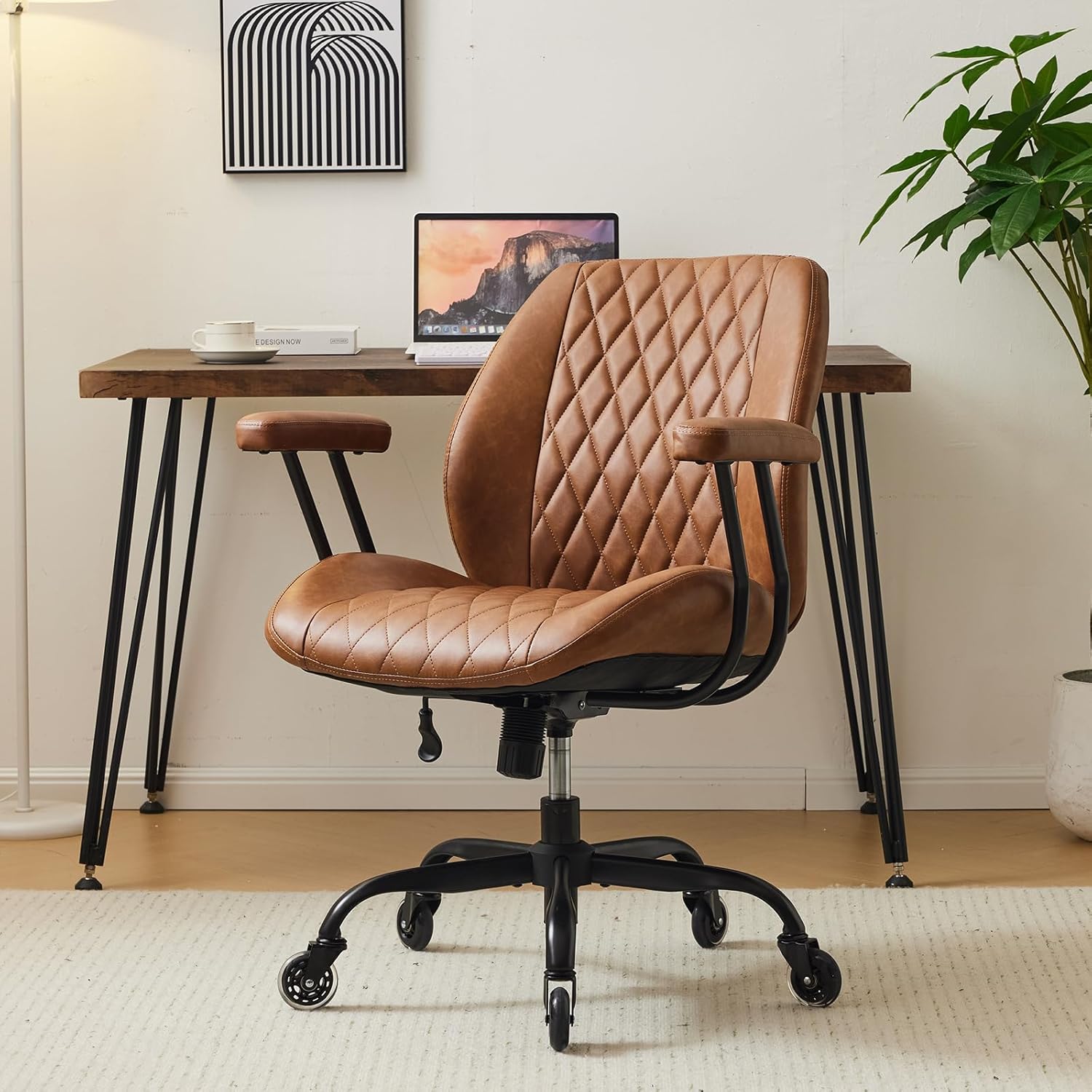 YFO Home Office Desk Chair Office Rubber Casters Ergonomic Computer Chair with Lumbar Support Adjustable Height Rolling Swivel Executive Task Armrests Chair， Brown Leather