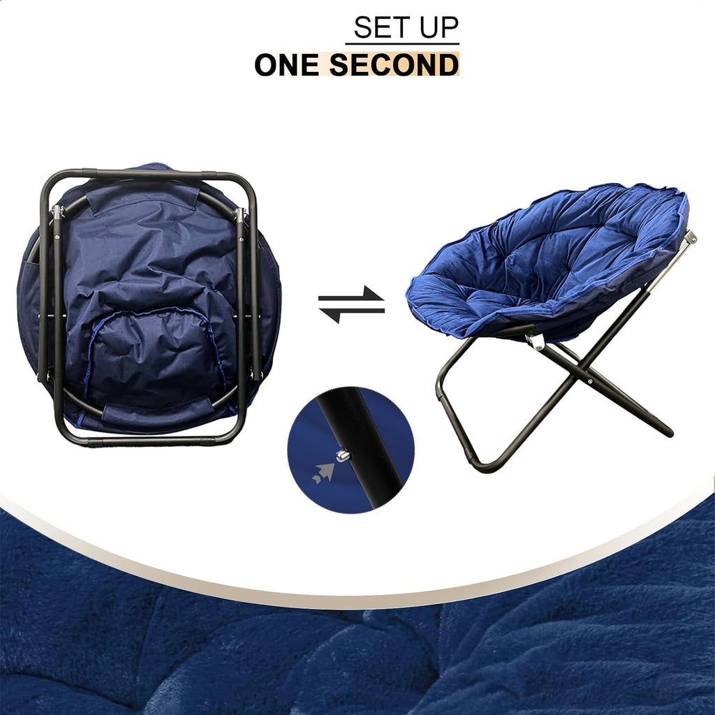 Saucer Chairs for Adults, Foldable Circle Moon Chair for Bedroom, Living Room, Faux Fur Round Chairs for Dorm and Apartment (Blue)