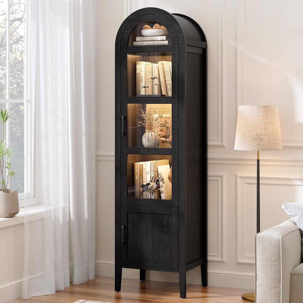 71" Narrow Arched Display Cabinet with Glass Doors, 5-Tier Curio Cabinet with LED Lights for Collectibles, Tall Bookcase Kitchen Pantry Storage Cabinet for Corner, Small Space, Living Room, Black