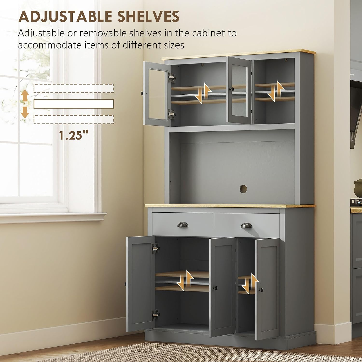 Kitchen Pantry Unit 71 inch, freestanding, Adjustable Shelves Three Heights, Wide countertop for Cable, Gray Oak Yellow Finish