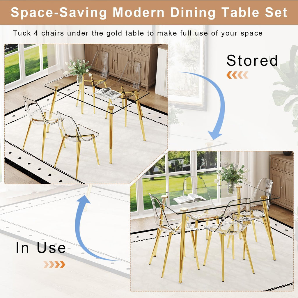 Ebullient Glass Dining Table Set for 4, 51" Clear Tempered Glass Tabletop with Gold Chrome Metal Legs and 4 Transparent Acrylic Chairs, Compact Modern Kitchen Table Set for Small Space Dining Room