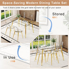 Ebullient Glass Dining Table Set for 4, 51" Clear Tempered Glass Tabletop with Gold Chrome Metal Legs and 4 Transparent Acrylic Chairs, Compact Modern Kitchen Table Set for Small Space Dining Room