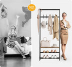 Jojoka Coat Rack Hall Tree with Shoe Storage Bench, 4-in-1 Entryway Organizer with 10 Hooks & 3-Tier Shoe Rack, Sturdy Metal Frame Freestanding Storage Unit for Hallway (Brown-Double Row, 25.2in)