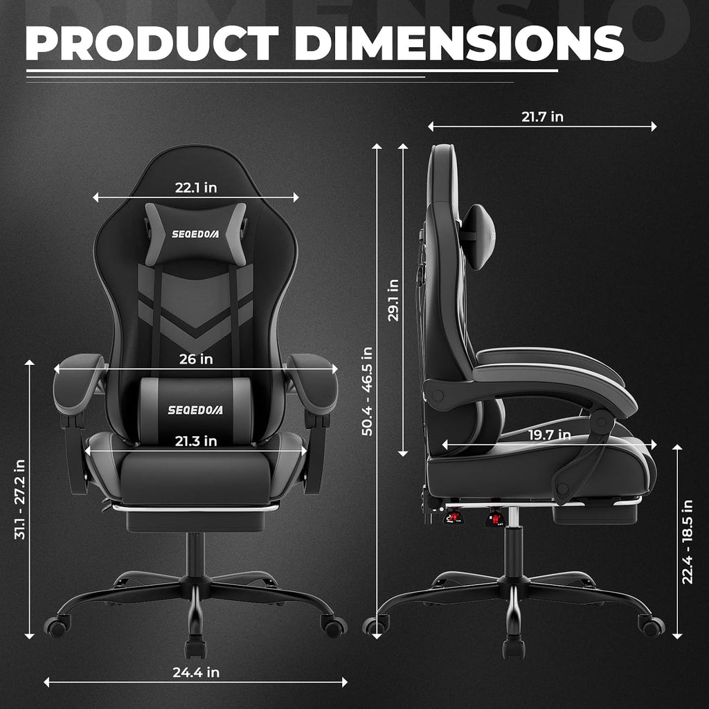 Gaming Chair with Footrest & Lumbar Support, PU Leather High Back Ergonomic Height Adjustable Swivel Office Desk Chair for Adults Gaming, Working, Black Grey