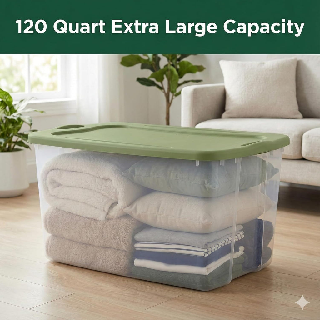 Large Clear Plastic Storage Bins with Lids, 120 Quart Heavy Duty Storage Totes with EZ Carry Handles, Stackable Extra Large Storage Containers for Garage, Closet, Basement Organization