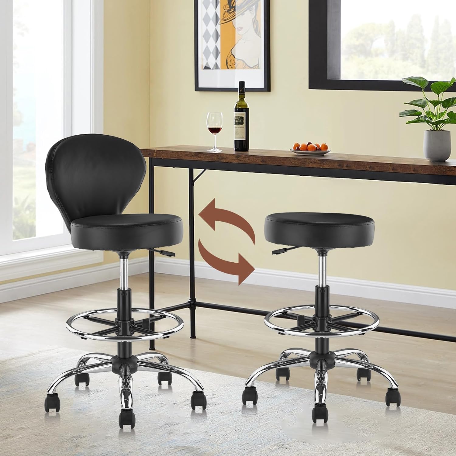 KLASIKA Black PVC Faux Leather Drafting Chair Rolling Swivel Salon Stool Seat Adjustable Height 36 Inch with Back Support Foot Rest Hydraulic Wide Seat for Tattoo Beauty Barber Lash 1Pack