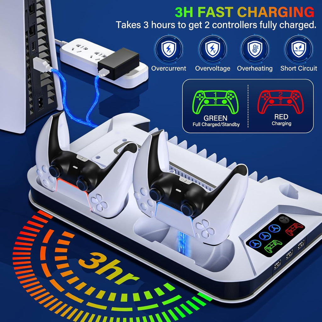 PS5/Slim/Pro Cooling Station with Controller Charging Station for Playstation Console Playstation 5 Slim&Standard Disc/Digital Console, PS5 Pro Stand Cooler Accessories Incl Cooling Fan/3 USB Hubs