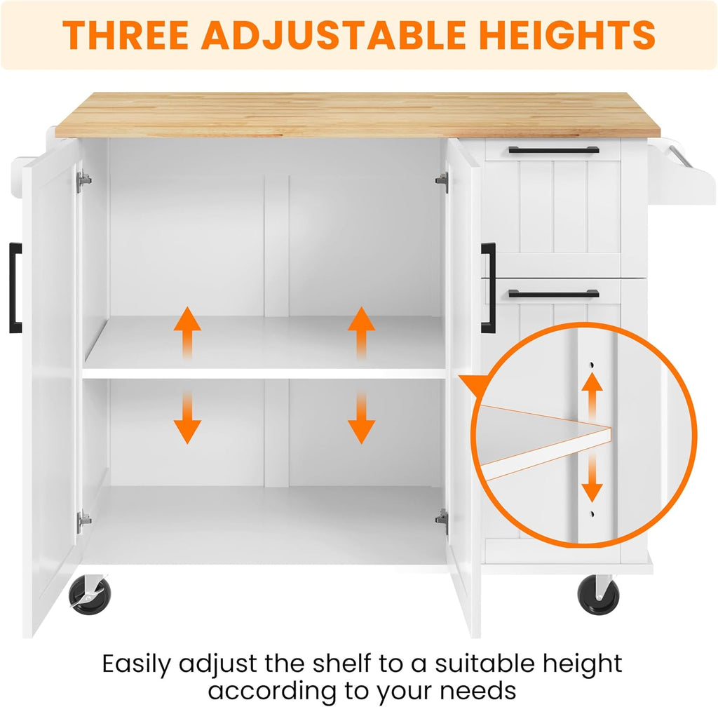 Yaheetech Kitchen Island Cart with Drop Leaf, Kitchen Breakfast Bar on 5 Universal Wheels with Storage Cabinet, Rubberwood Top, 3 Drawers, Spice Rack for Dining Room, 49W x 29.5D x 36H, White