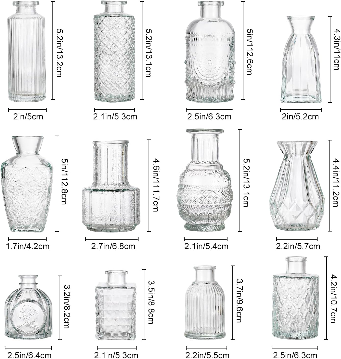Glass Bud Vases Set of 12, Clear | Vintage Textured, Assorted Shapes, Small Flower Vases, Wedding & Home Decor