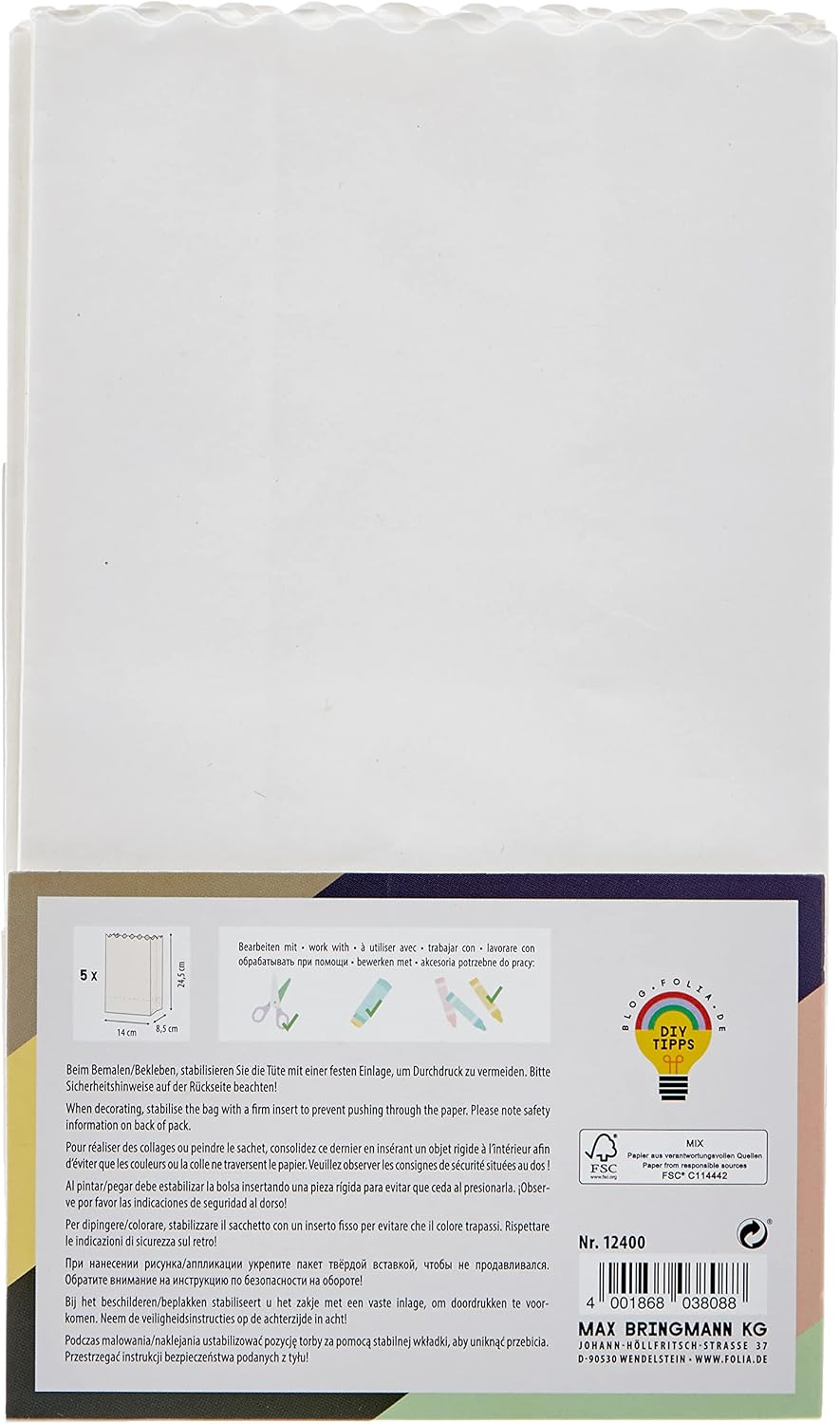 folia 12400 – Light Bags Made of Flammable Paper, Blank, Pack of 5, Each Approx. 24.5 x 14 x 8.5 cm, for DIY Table Decoration, for Garden Parties, Birthdays, Weddings
