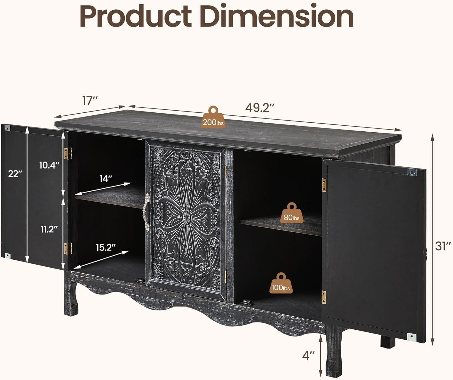 RoyalCraft Buffet Cabinet with Storage, Vintage Solid Wood Sideboard Table Coffee Bar Wine Bar Storage Cabinet with 3 Doors for Dining Room, Living Room, Hallway, Distressed Black
