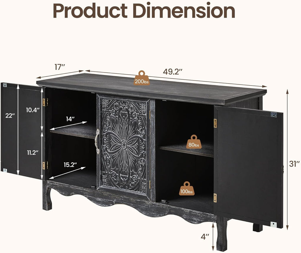 RoyalCraft Buffet Cabinet with Storage, Vintage Solid Wood Sideboard with 3 Carved Doors, Painted Coffee Bar Console Table for Dining Room, Living Room, Kitchen, Distressed Black
