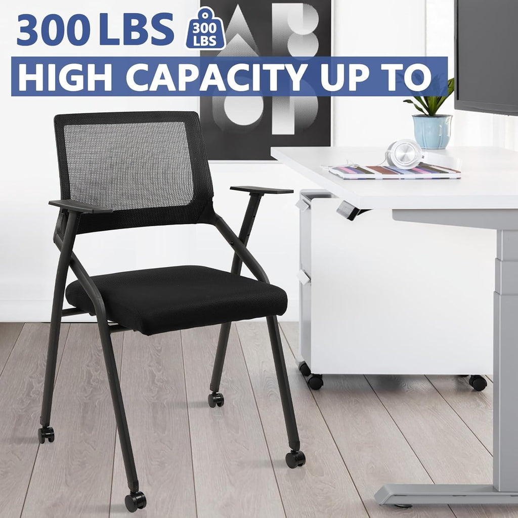 CLATINA Ergonomic Stackable & Foldable Conference Room Chairs, Mesh Office Chair with Arms and Wheels for Office Waiting Room Meeting Lobby Church School Receptions and Training Black