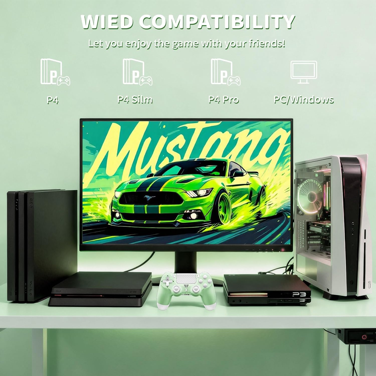 Puiseno Wireless Controller for PS-4, Dual Vibration Game Joystick/Motion Sensing/Touchpad/Speaker/3.5mm Audio Jack Headphone, Upgraded Six-Axis Sensor, Compatible with PS4/Slim/Pro Console/PC (green)