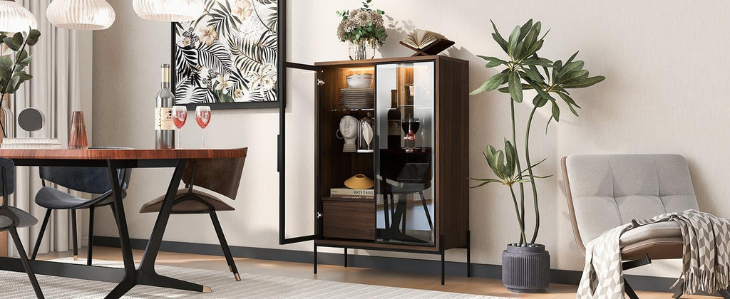 roomfitters 51.2'' Display Cabinet with Glass Doors, Pantry Storage Cabinet with Shelves for Living Room and Kitchen, Walnut
